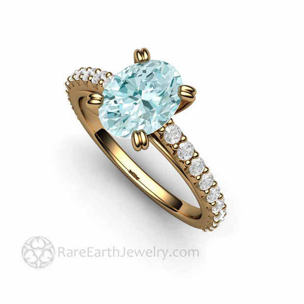 Oval Aquamarine Solitaire Engagement Ring with Diamonds 18K Yellow Gold - Engagement Only - Rare Earth Jewelry