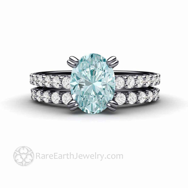 Oval Aquamarine Solitaire Engagement Ring with Diamonds Platinum - Wedding Set - Rare Earth Jewelry
