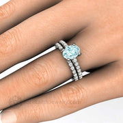 Oval Aquamarine Solitaire Engagement Ring with Diamonds 14K White Gold - Wedding Set - Rare Earth Jewelry