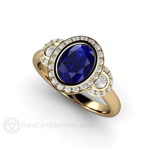 Oval Blue Sapphire Engagement Ring Antique 3 Stone with Diamond Halo 14K Yellow Gold - Engagement Only - Rare Earth Jewelry