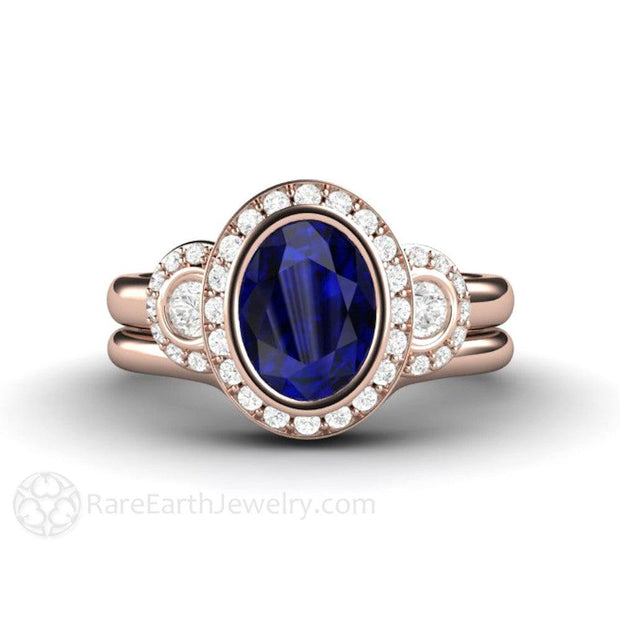 Oval Blue Sapphire Engagement Ring Antique 3 Stone with Diamond Halo 18K Rose Gold - Wedding Set - Rare Earth Jewelry