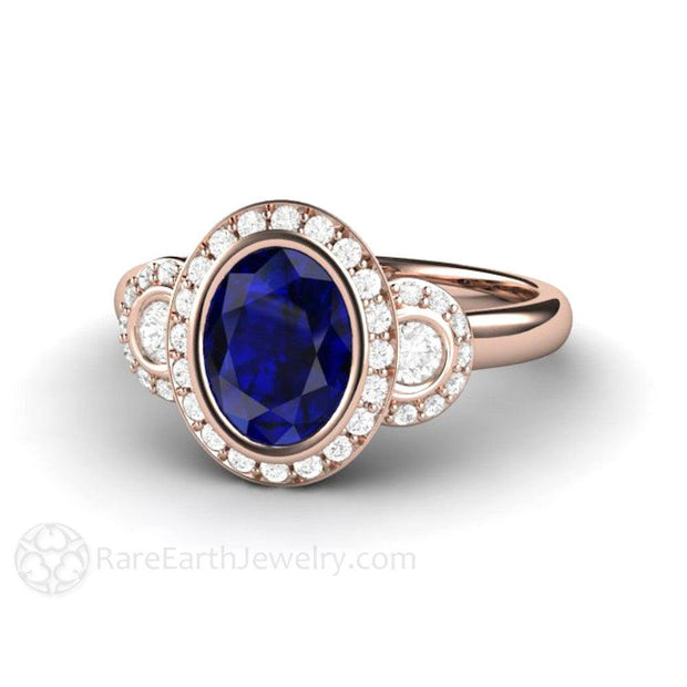 Oval Blue Sapphire Engagement Ring Antique 3 Stone with Diamond Halo 18K Rose Gold - Engagement Only - Rare Earth Jewelry
