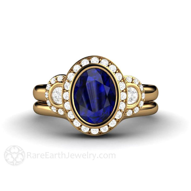 Oval Blue Sapphire Engagement Ring Antique 3 Stone with Diamond Halo 18K Yellow Gold - Wedding Set - Rare Earth Jewelry
