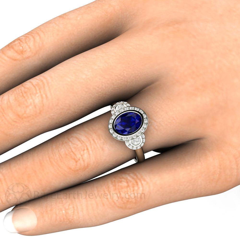 Oval Blue Sapphire Engagement Ring Antique 3 Stone with Diamond Halo 14K White Gold - Engagement Only - Rare Earth Jewelry