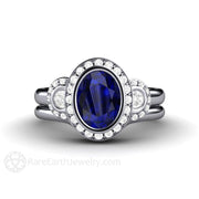 Oval Blue Sapphire Engagement Ring Antique 3 Stone with Diamond Halo Platinum - Wedding Set - Rare Earth Jewelry