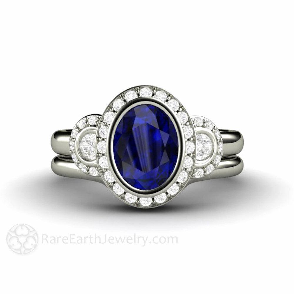 Oval Blue Sapphire Engagement Ring Antique 3 Stone with Diamond Halo 14K White Gold - Wedding Set - Rare Earth Jewelry