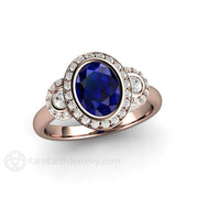 Oval Blue Sapphire Engagement Ring Antique 3 Stone with Diamond Halo 14K Rose Gold - Engagement Only - Rare Earth Jewelry
