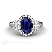 Oval Blue Sapphire Engagement Ring Antique 3 Stone with Diamond Halo Platinum - Engagement Only - Rare Earth Jewelry