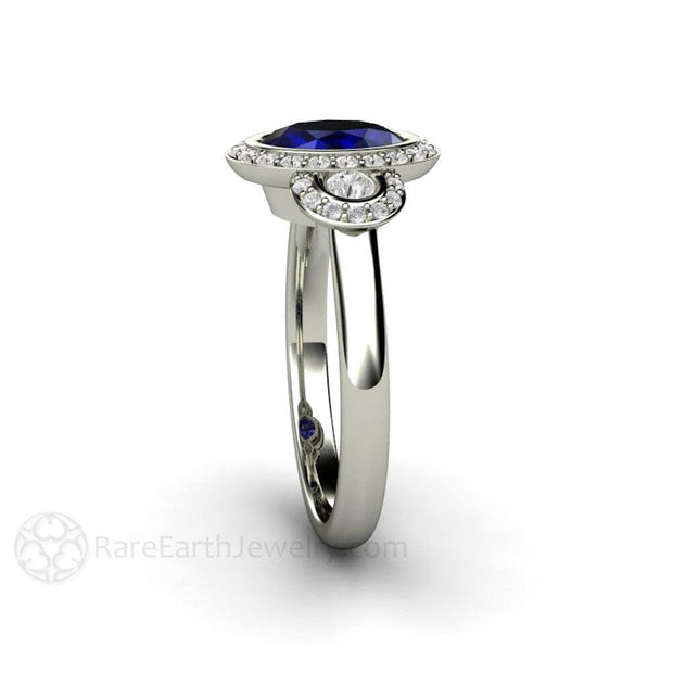 Oval Blue Sapphire Engagement Ring Antique 3 Stone with Diamond Halo 14K White Gold - Engagement Only - Rare Earth Jewelry