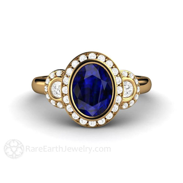 Oval Blue Sapphire Engagement Ring Antique 3 Stone with Diamond Halo 18K Yellow Gold - Engagement Only - Rare Earth Jewelry