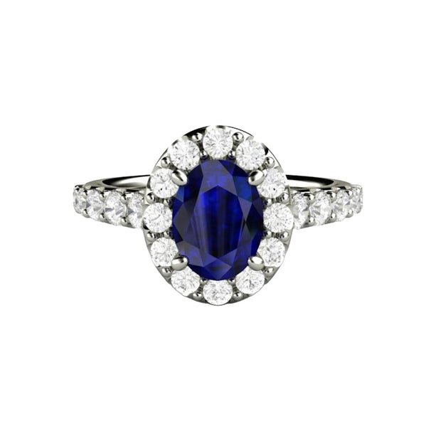 Oval Blue Sapphire Engagement Ring Pave Diamond Halo 14K White Gold - Engagement Only - Rare Earth Jewelry