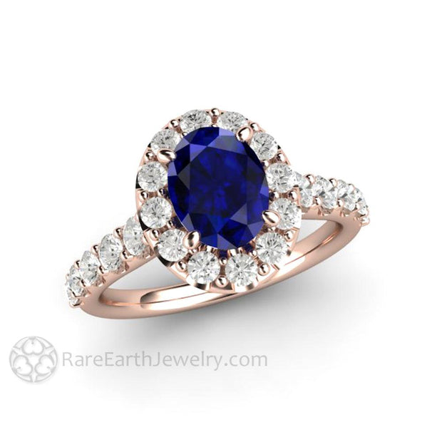 Oval Blue Sapphire Engagement Ring Pave Diamond Halo 18K Rose Gold - Engagement Only - Rare Earth Jewelry