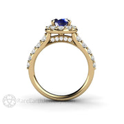 Oval Blue Sapphire Engagement Ring Pave Diamond Halo 14K Yellow Gold - Engagement Only - Rare Earth Jewelry