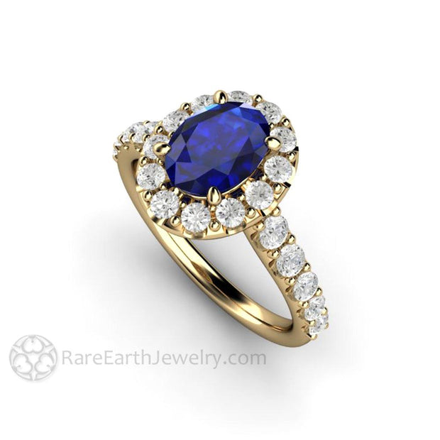 Oval Blue Sapphire Engagement Ring Pave Diamond Halo 14K Yellow Gold - Engagement Only - Rare Earth Jewelry