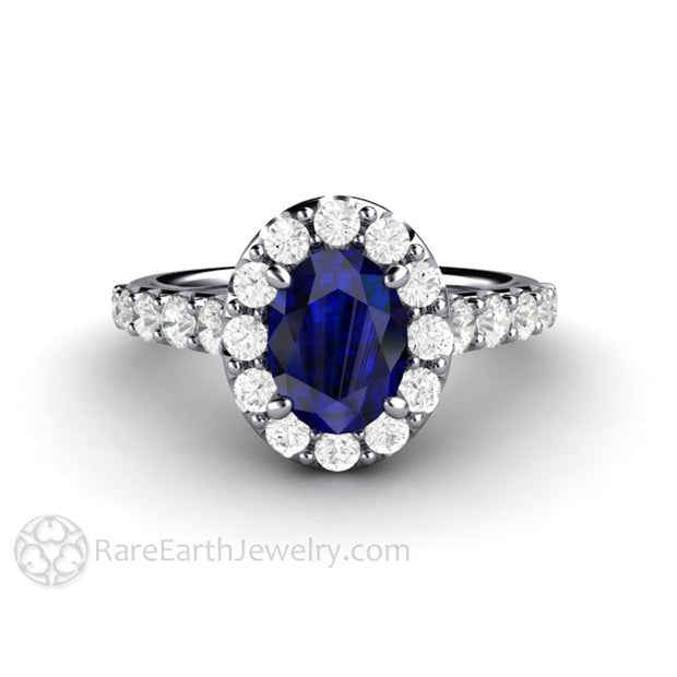 Oval Blue Sapphire Engagement Ring Pave Diamond Halo Platinum - Engagement Only - Rare Earth Jewelry