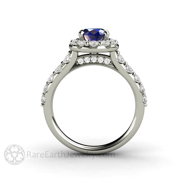 Oval Blue Sapphire Engagement Ring Pave Diamond Halo 18K White Gold - Engagement Only - Rare Earth Jewelry