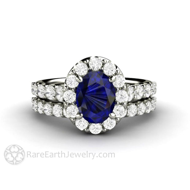 Oval Blue Sapphire Engagement Ring Pave Diamond Halo 14K White Gold - Wedding Set - Rare Earth Jewelry