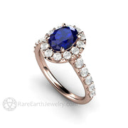 Oval Blue Sapphire Engagement Ring Pave Diamond Halo 14K Rose Gold - Engagement Only - Rare Earth Jewelry