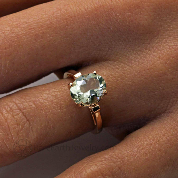 Oval Cut Green Amethyst Ring Fleur de Lis Solitaire February Birthstone - 14K Rose Gold - Amethyst - February - Green - Rare Earth Jewelry