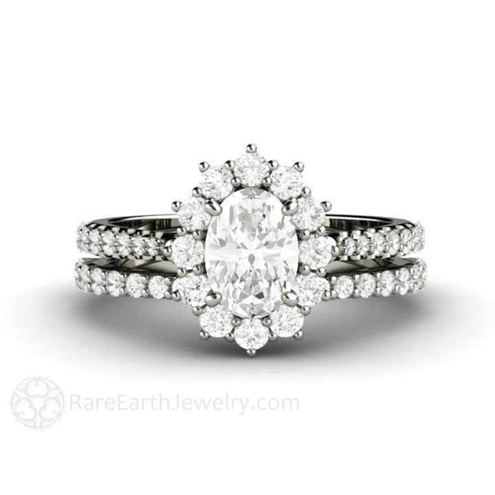 Oval Cut Moissanite Engagement Ring 1 Carat Halo Pave Band - Rare Earth Jewelry