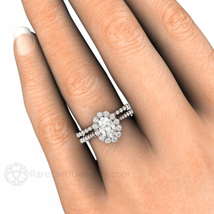 Oval Cut Moissanite Engagement Ring 1 Carat Halo Pave Band - Rare Earth Jewelry