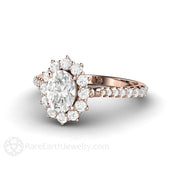 Oval Cut Moissanite Engagement Ring 1 Carat Pave Cluster Halo 18K Rose Gold - Engagement Only - Rare Earth Jewelry
