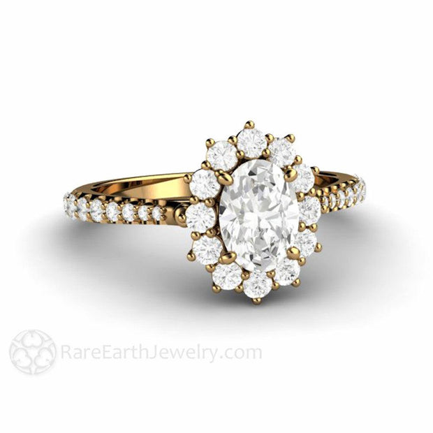 Oval Cut Moissanite Engagement Ring 1 Carat Pave Cluster Halo - 18K Yellow Gold - Engagement Only - April - Cluster - Halo - Rare Earth Jewelry