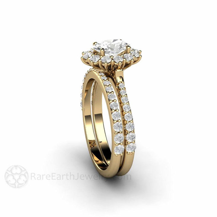 Oval Cut Moissanite Engagement Ring 1 Carat Halo Pave Band - Rare Earth Jewelry