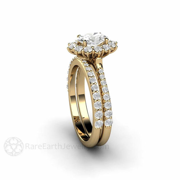 Oval Cut Moissanite Engagement Ring 1 Carat Pave Cluster Halo 14K Yellow Gold - Wedding Set - Rare Earth Jewelry