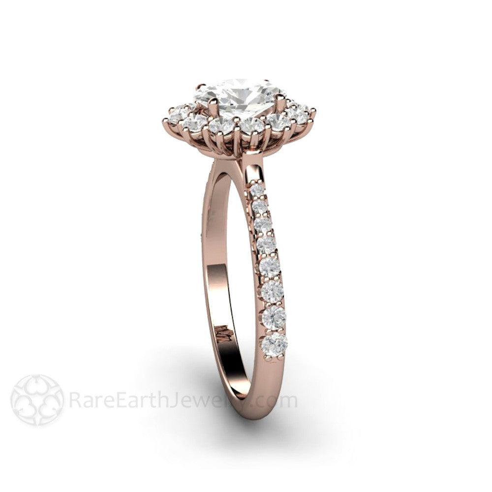 Oval Cut Moissanite Engagement Ring 1 Carat Halo Pave Band - Rare Earth Jewelry