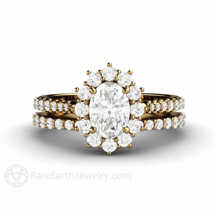 Oval Cut Moissanite Engagement Ring 1 Carat Halo Pave Band - Rare Earth Jewelry