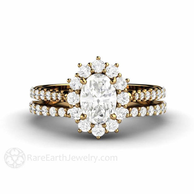 Oval Cut Moissanite Engagement Ring 1 Carat Pave Cluster Halo 18K Yellow Gold - Wedding Set - Rare Earth Jewelry