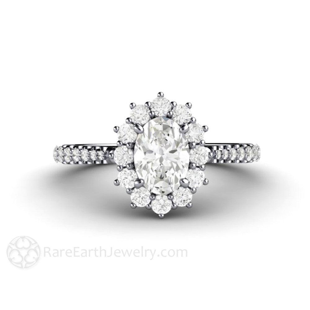 Oval Cut Moissanite Engagement Ring 1 Carat Halo Pave Band - Rare Earth Jewelry