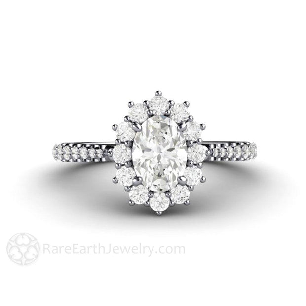 Oval Cut Moissanite Engagement Ring 1 Carat Pave Cluster Halo Platinum - Engagement Only - Rare Earth Jewelry