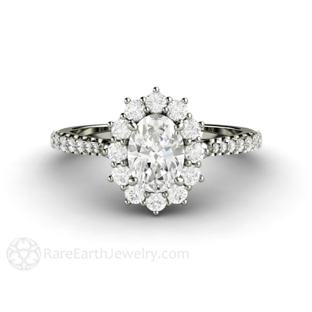 Oval Cut Moissanite Engagement Ring 1 Carat Halo Pave Band - Rare Earth Jewelry