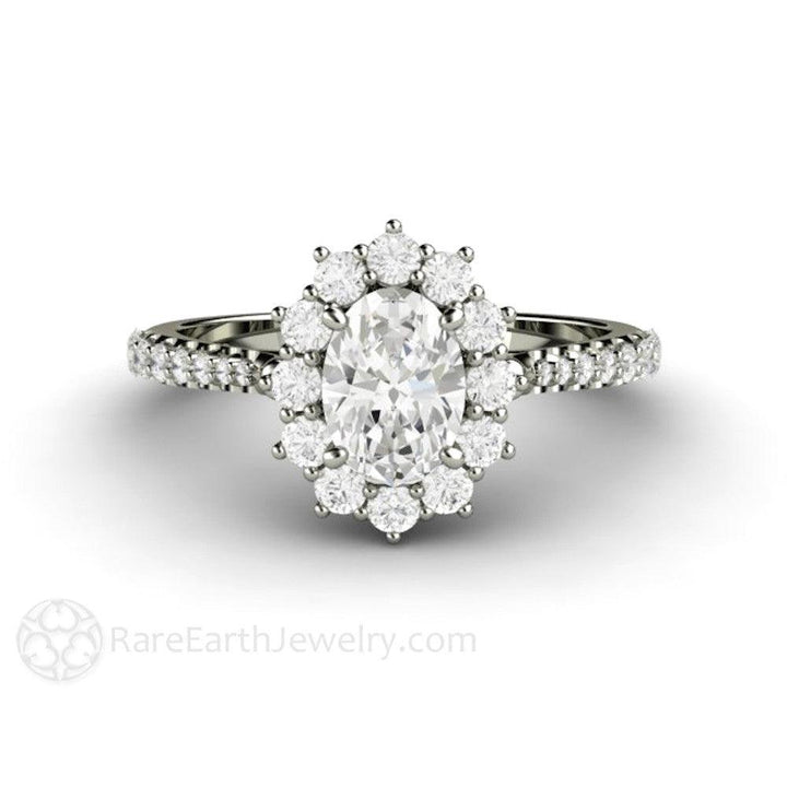 Oval Cut Moissanite Engagement Ring 1 Carat Halo Pave Band - Rare Earth Jewelry