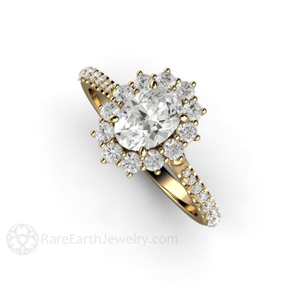 Oval Cut Moissanite Engagement Ring 1 Carat Halo Pave Band - Rare Earth Jewelry