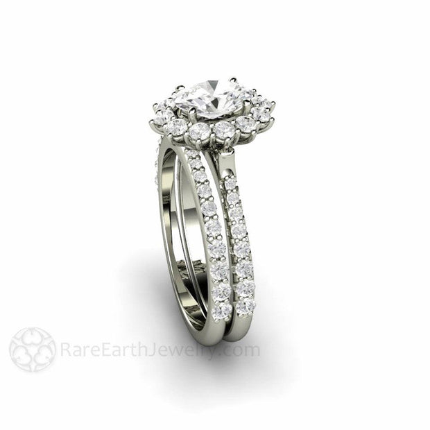 Oval Cut Moissanite Engagement Ring 1 Carat Pave Cluster Halo 18K White Gold - Wedding Set - Rare Earth Jewelry