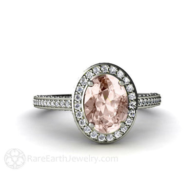 Oval Cut Morganite Engagement Ring with Diamond Halo 14K White Gold - Rare Earth Jewelry