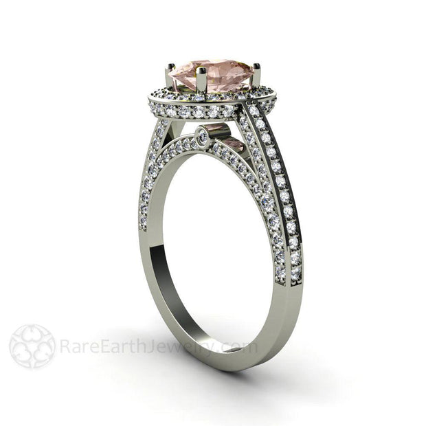 Oval Cut Morganite Engagement Ring with Diamond Halo 18K White Gold - Rare Earth Jewelry