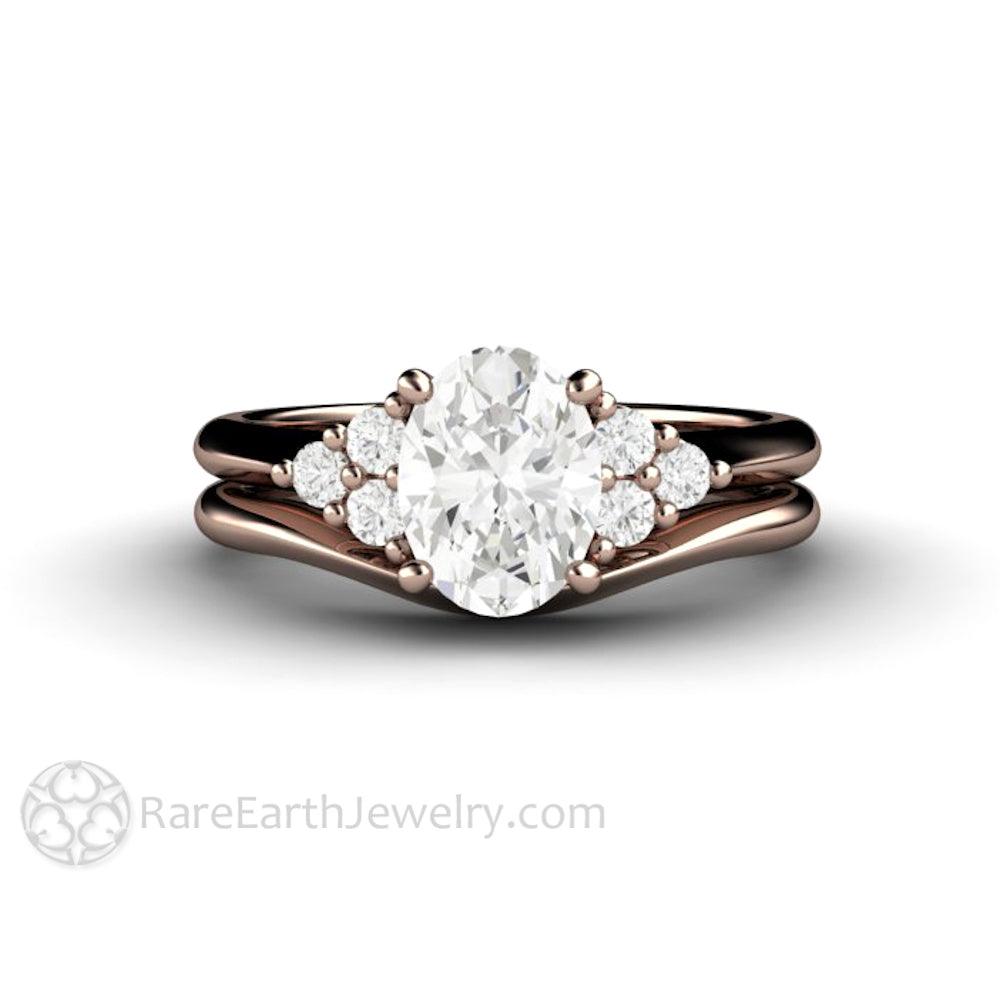 Oval Forever One Moissanite Engagement Ring 3 Stone Cluster 14K Rose Gold - Wedding Set - Rare Earth Jewelry