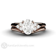 Oval Forever One Moissanite Engagement Ring 3 Stone Cluster 14K Rose Gold - Wedding Set - Rare Earth Jewelry