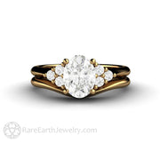 Oval Forever One Moissanite Engagement Ring 3 Stone Cluster 18K Yellow Gold - Wedding Set - Rare Earth Jewelry