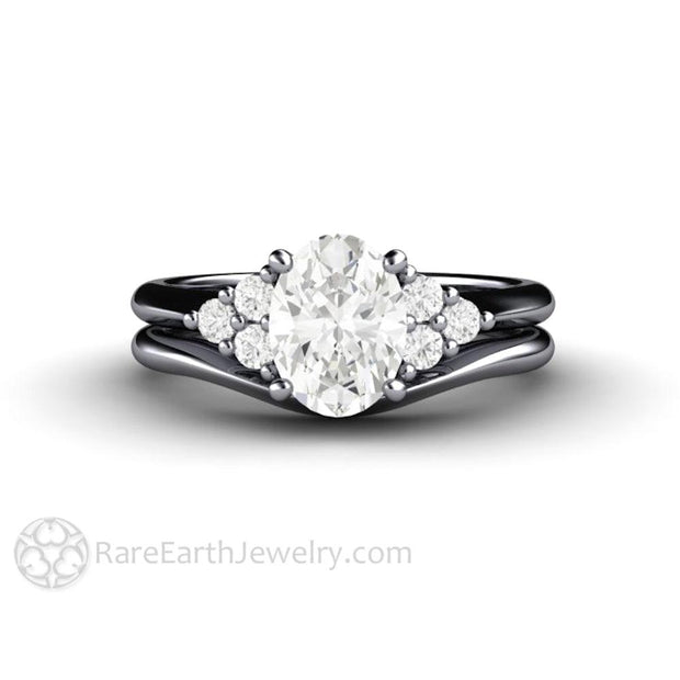 Oval Forever One Moissanite Engagement Ring 3 Stone Cluster Platinum - Wedding Set - Rare Earth Jewelry