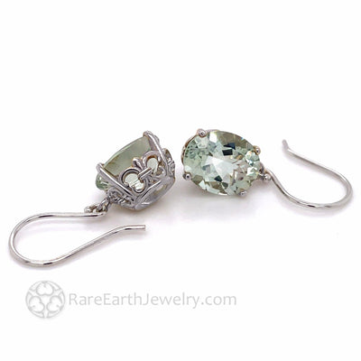 Oval Green Amethyst Earrings Fleur de Lis Earrings 14K French Hooks Dangles 14K White Gold - Rare Earth Jewelry