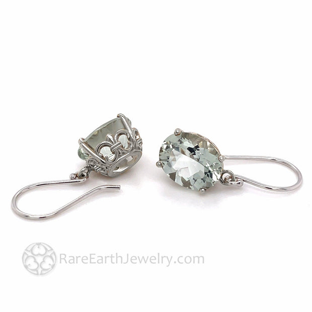 Oval Green Amethyst Earrings Fleur de Lis Earrings 14K French Hooks Dangles 14K White Gold - Rare Earth Jewelry