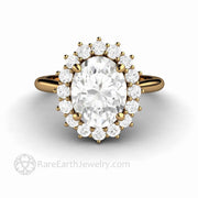 Oval Moissanite Engagement Ring with Halo Vintage Style Cluster 18K Yellow Gold - Rare Earth Jewelry