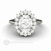 Oval Moissanite Engagement Ring with Halo Vintage Style Cluster 14K White Gold - Rare Earth Jewelry