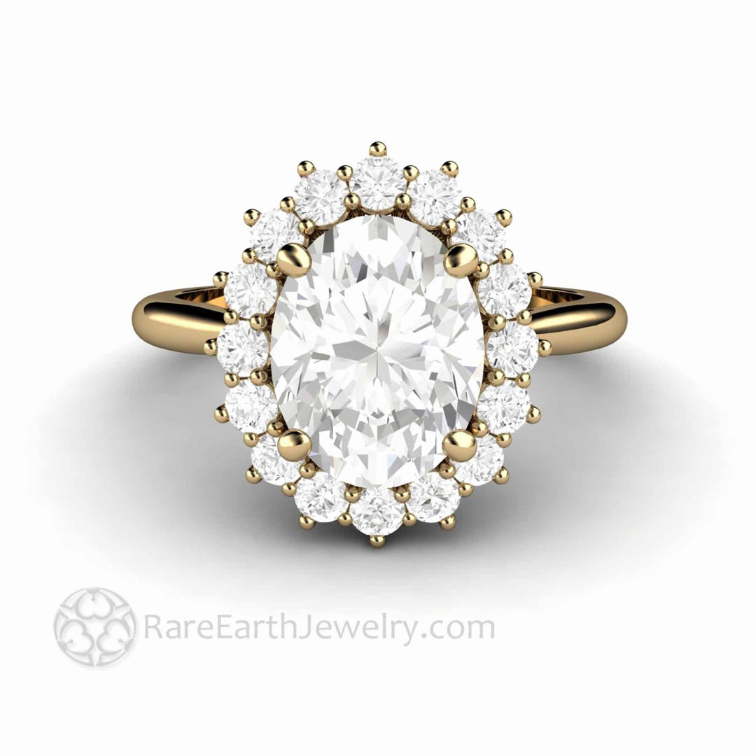 Oval Moissanite Engagement Ring with Halo Vintage Style Cluster 14K Yellow Gold - Rare Earth Jewelry