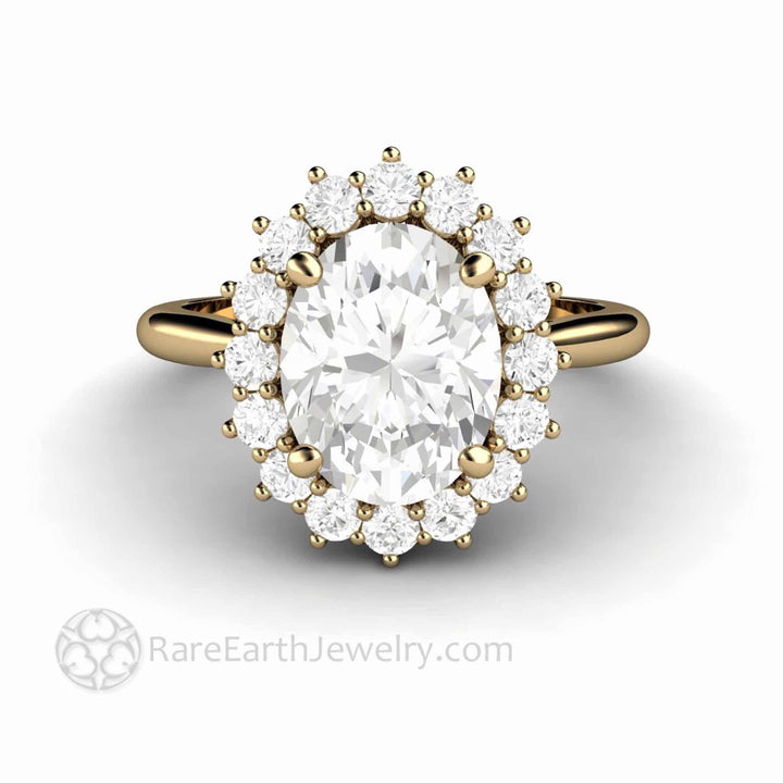 Oval Moissanite Engagement Ring with Halo Vintage Style Cluster 14K Yellow Gold - Rare Earth Jewelry